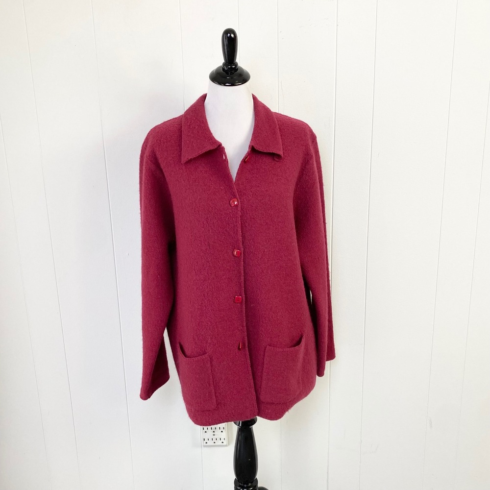 Cherokee Red 100% Wool Button Front Cardigan Sweater Large Flawed*